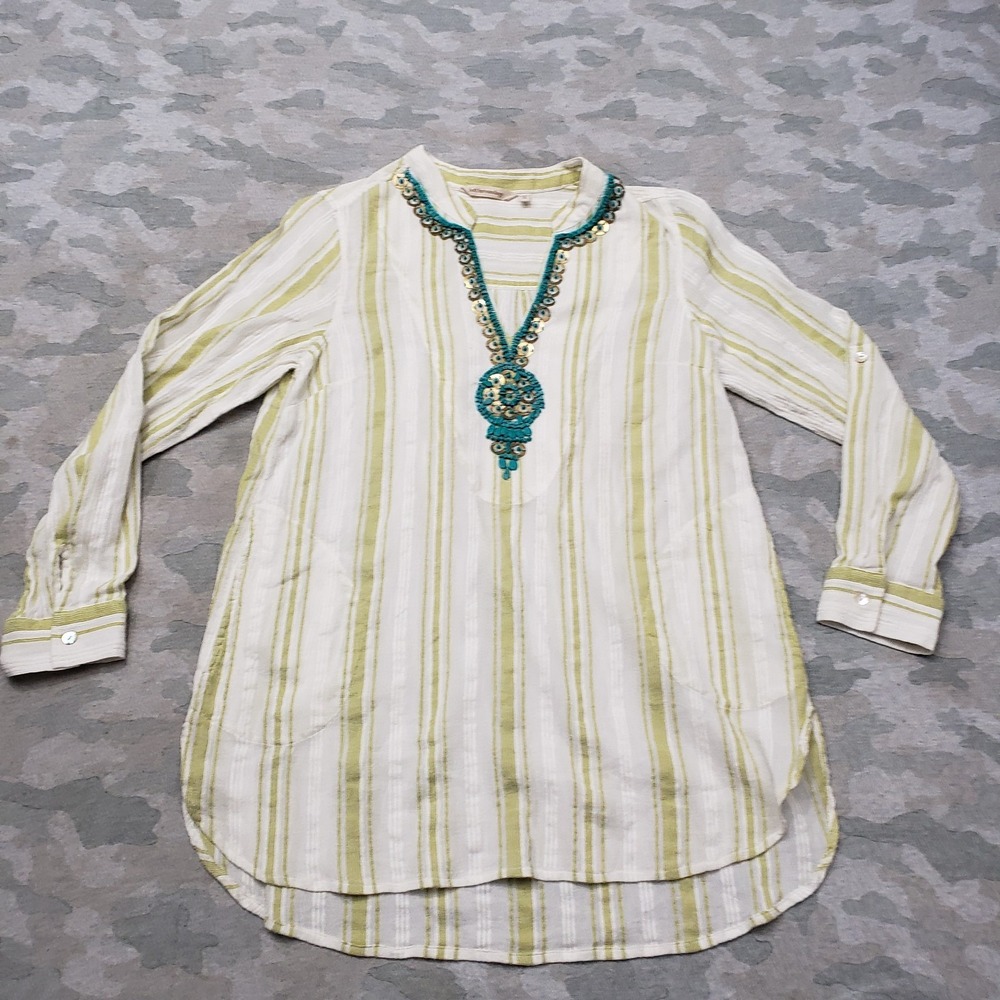 Soft Surroundings Top Womens Small Green V-Neck Boho Striped Festival Artisan